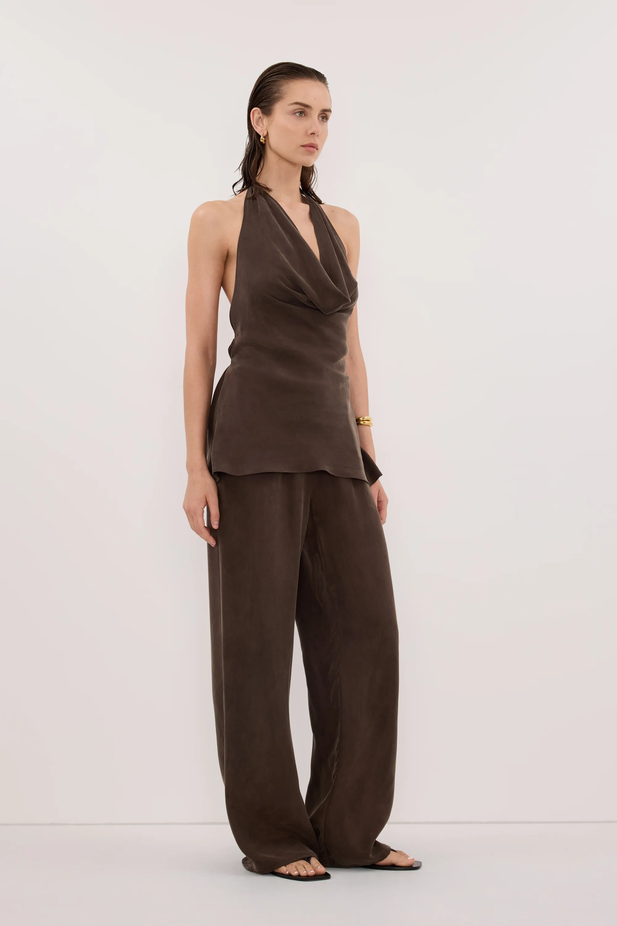ADDIE BITTER CHOC CUPRO DRAWSTRING PANT - Image 3