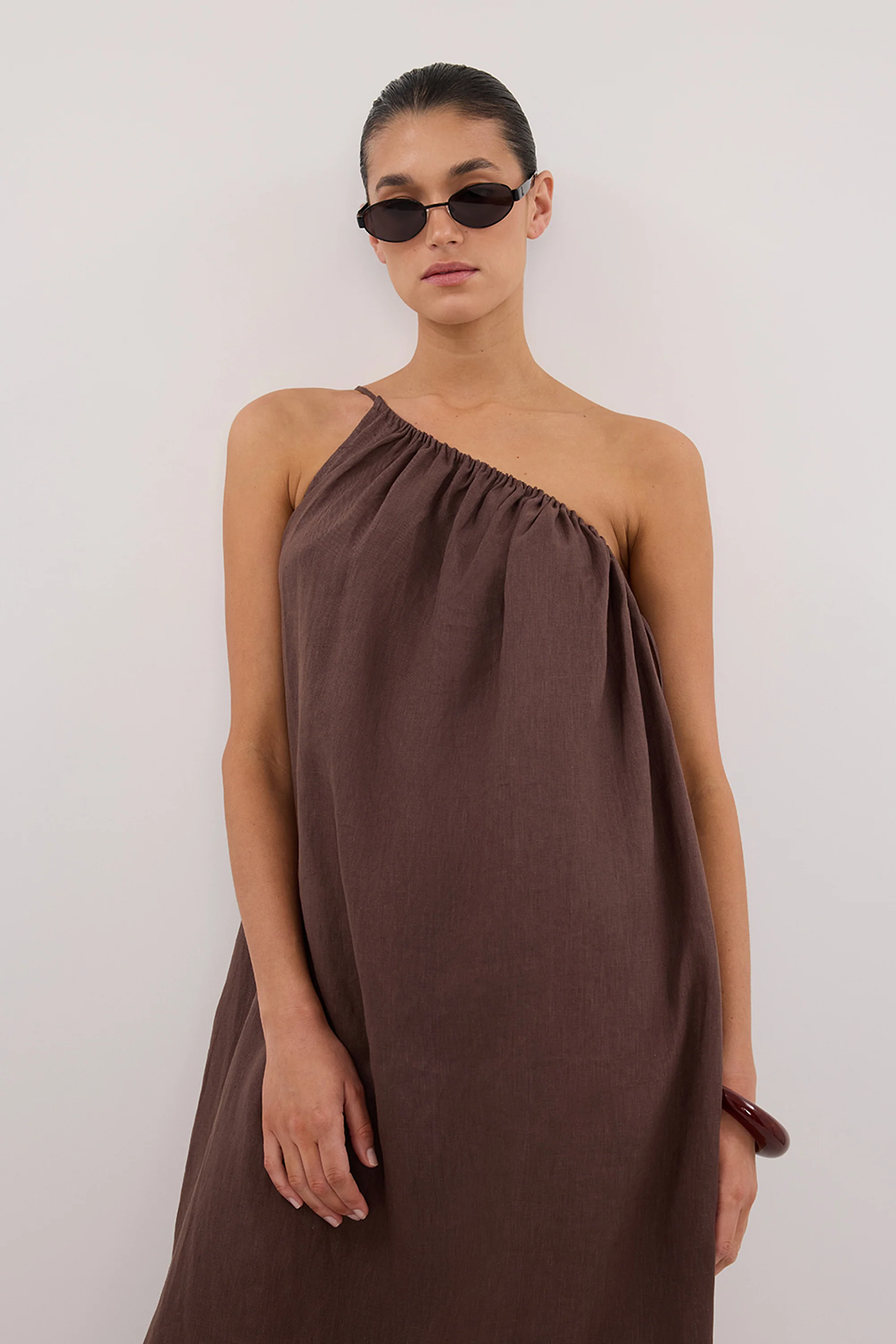 ALMA BITTER CHOC ASYM LINEN MIDI DRESS - Image 2