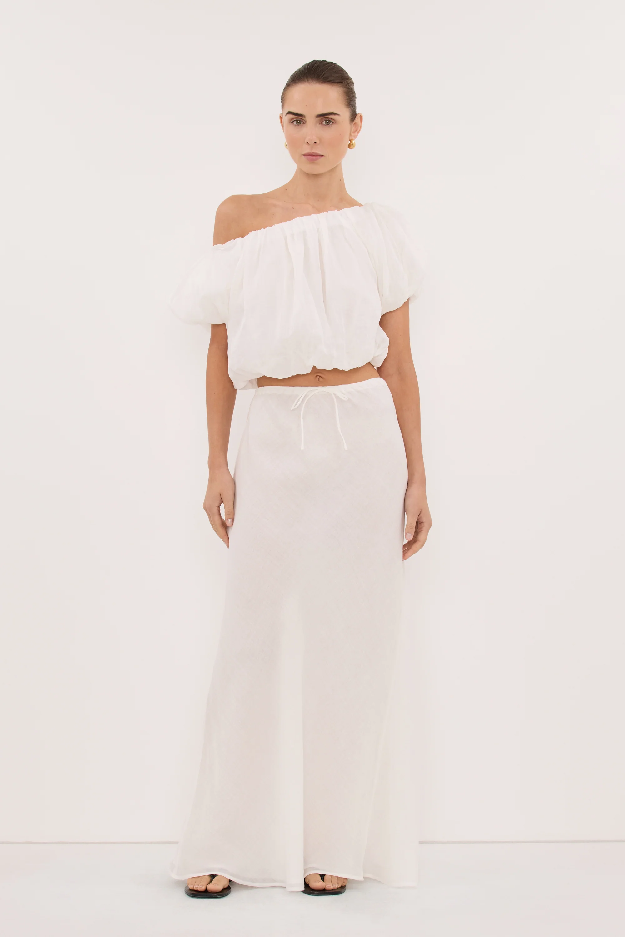 ARLO WHITE RAMIE OFF SHOULDER BUBBLE TOP