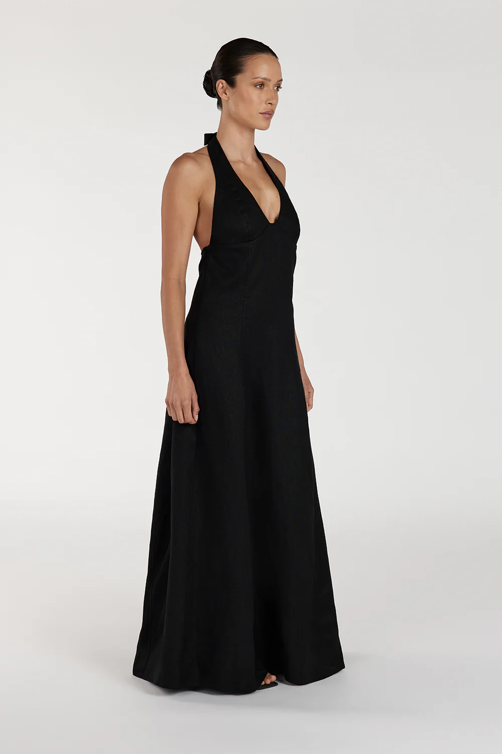 AUDREY BLACK HALTER LINEN MIDI DRESS - Image 3