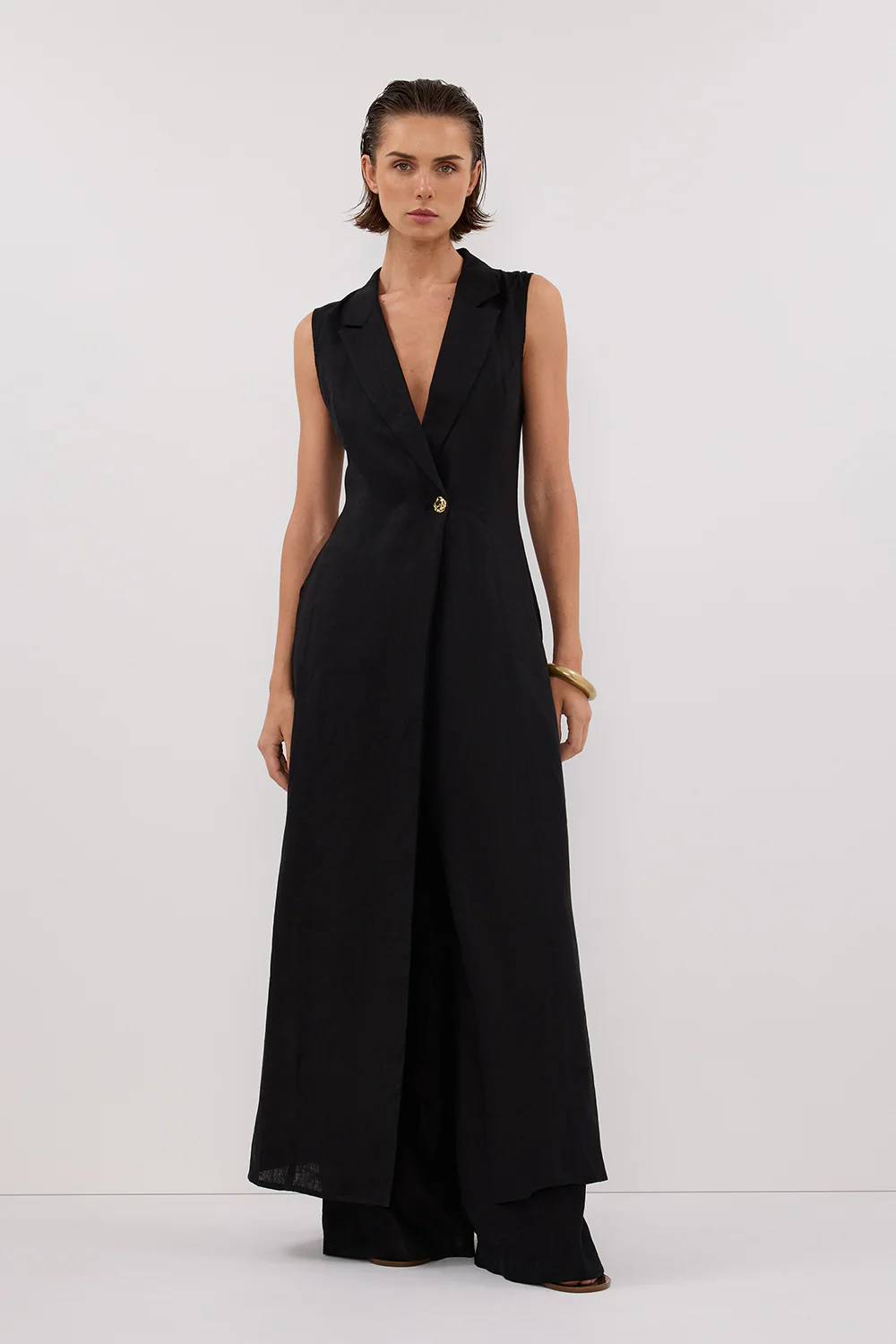 CORA BLACK LINEN MIDI DRESS