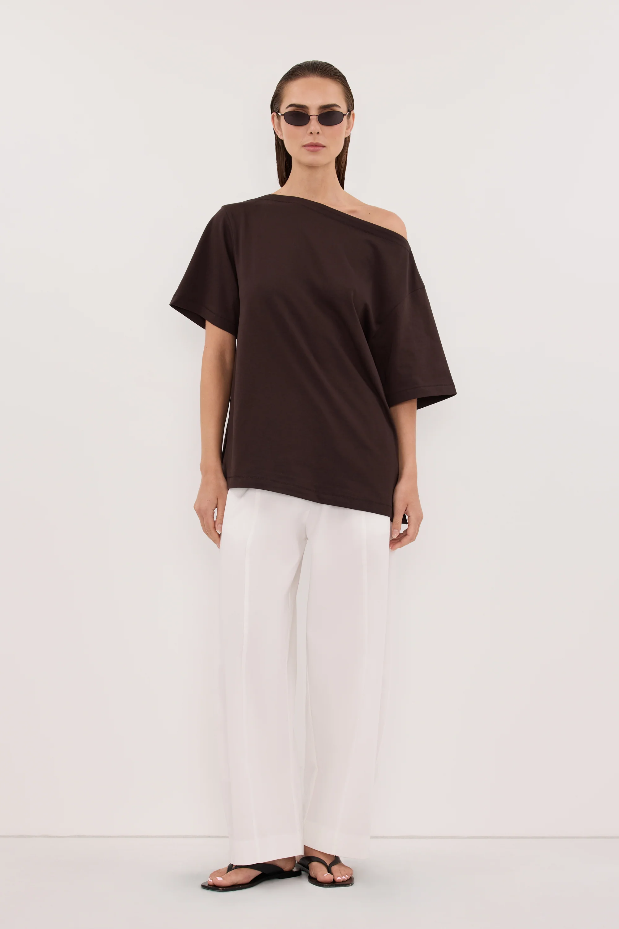 ESME BITTER CHOC ASYM BOAT NECK TEE