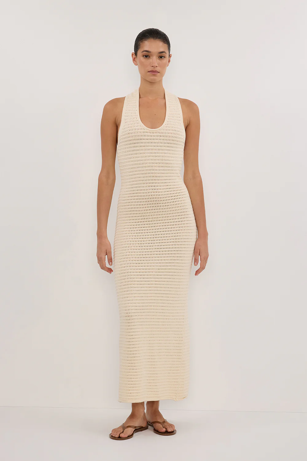 GINA CREAM HALTER CROCHET MIDI DRESS