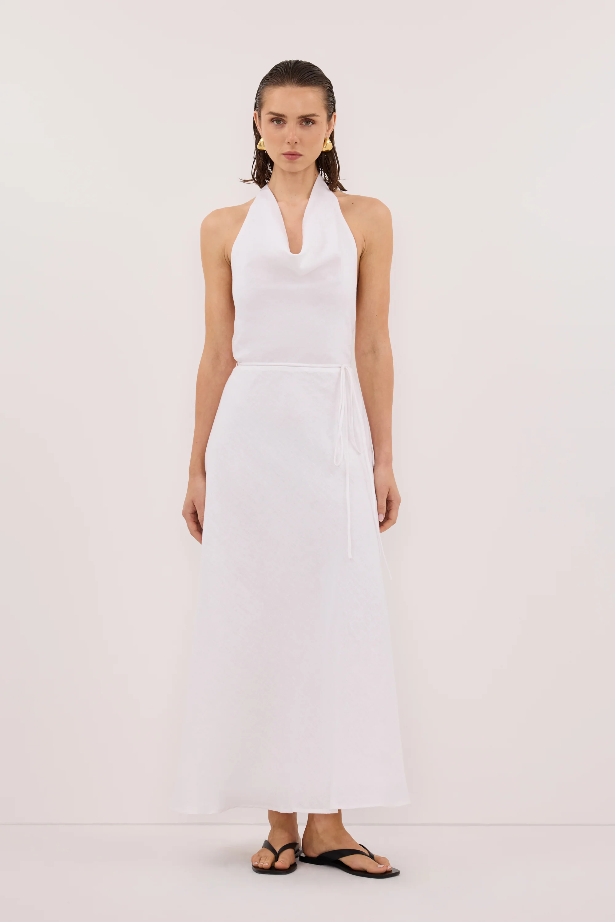 HAYLEE WHITE SLEEVELESS LINEN COWL MIDI DRESS