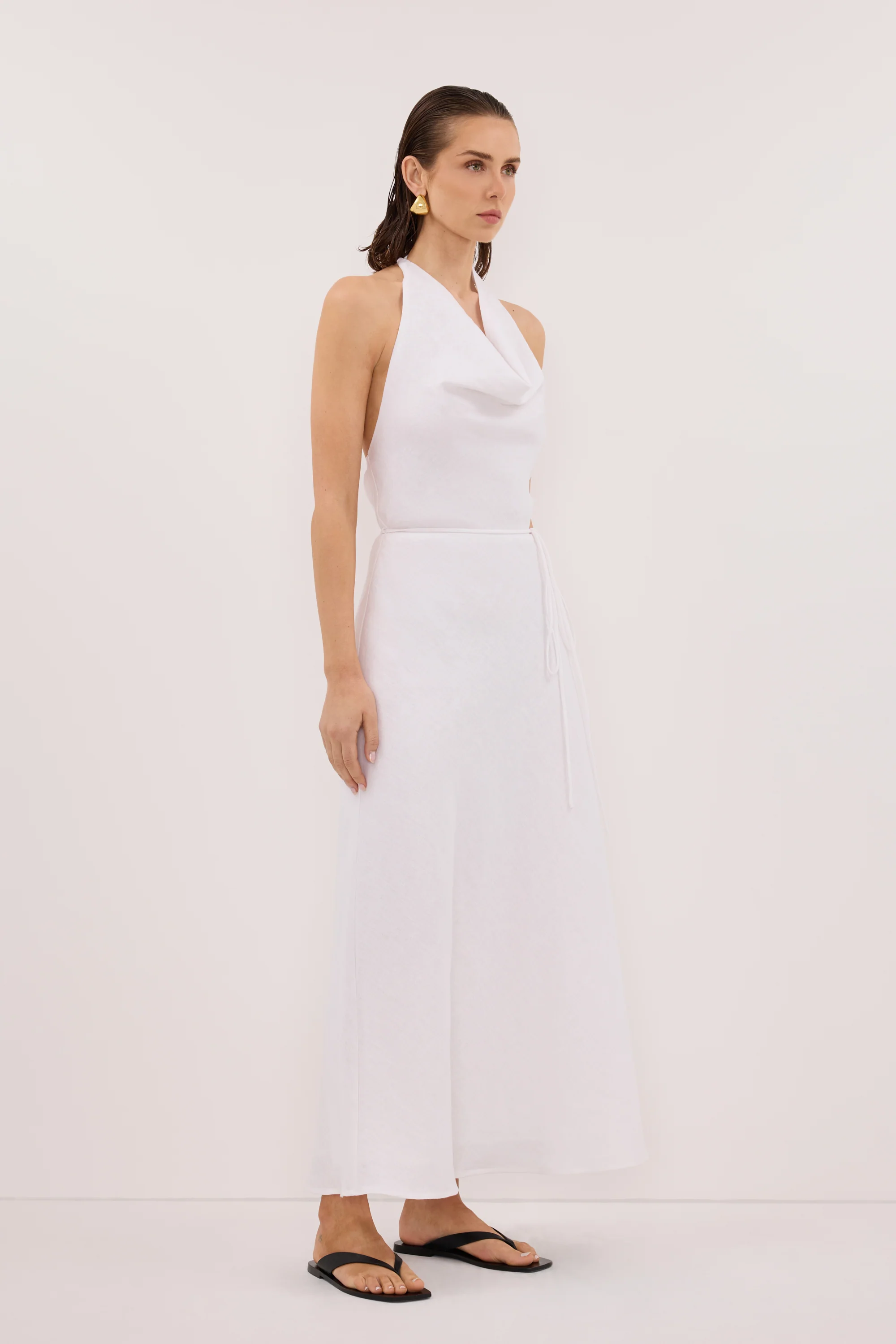 HAYLEE WHITE SLEEVELESS LINEN COWL MIDI DRESS - Image 3