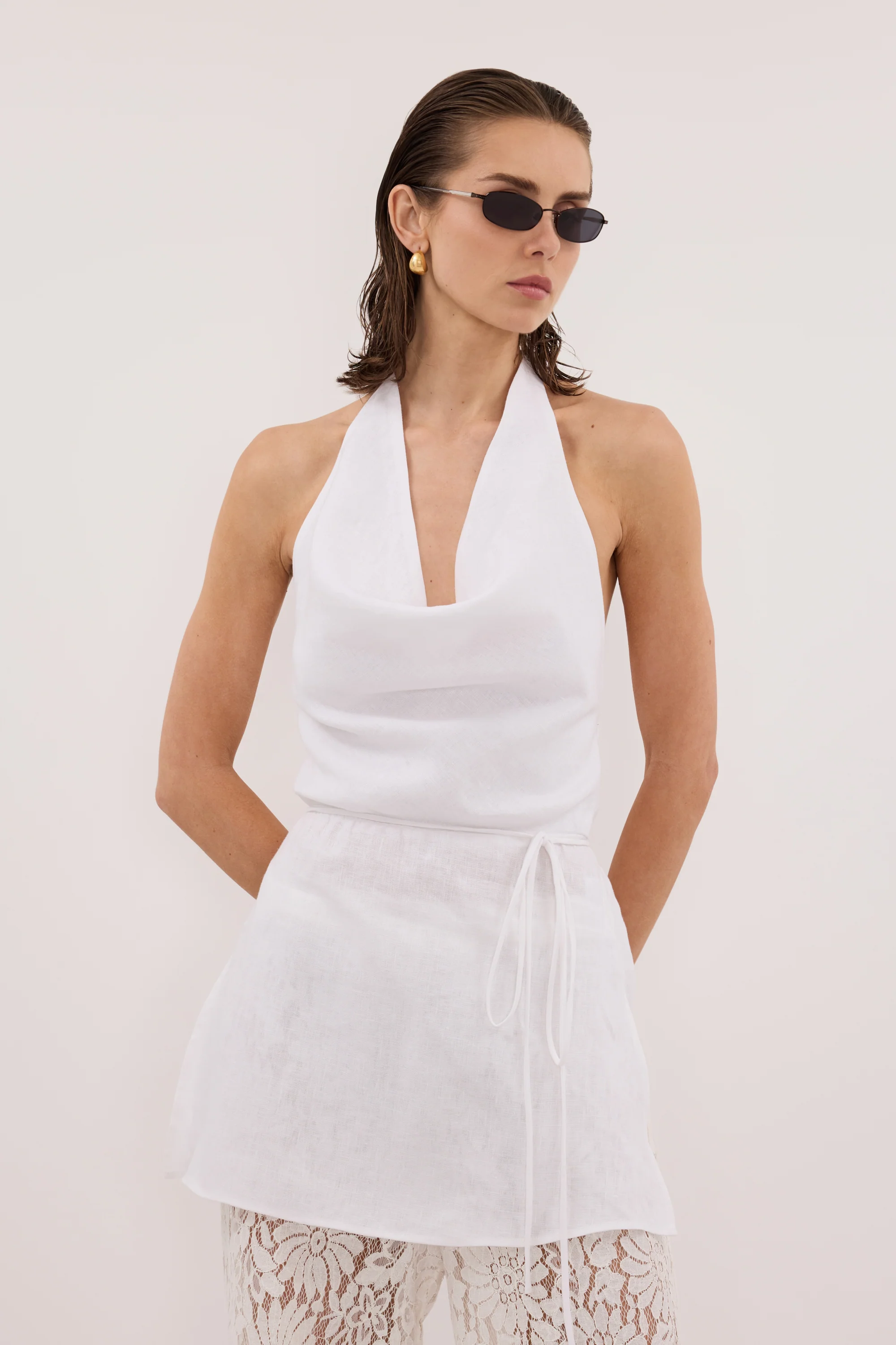 HAYLEE WHITE SLEEVELESS LINEN COWL TOP - Image 2