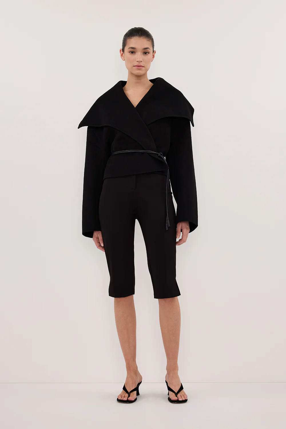 LUCIA BLACK CROPPED WOOL BLEND TRENCH COAT