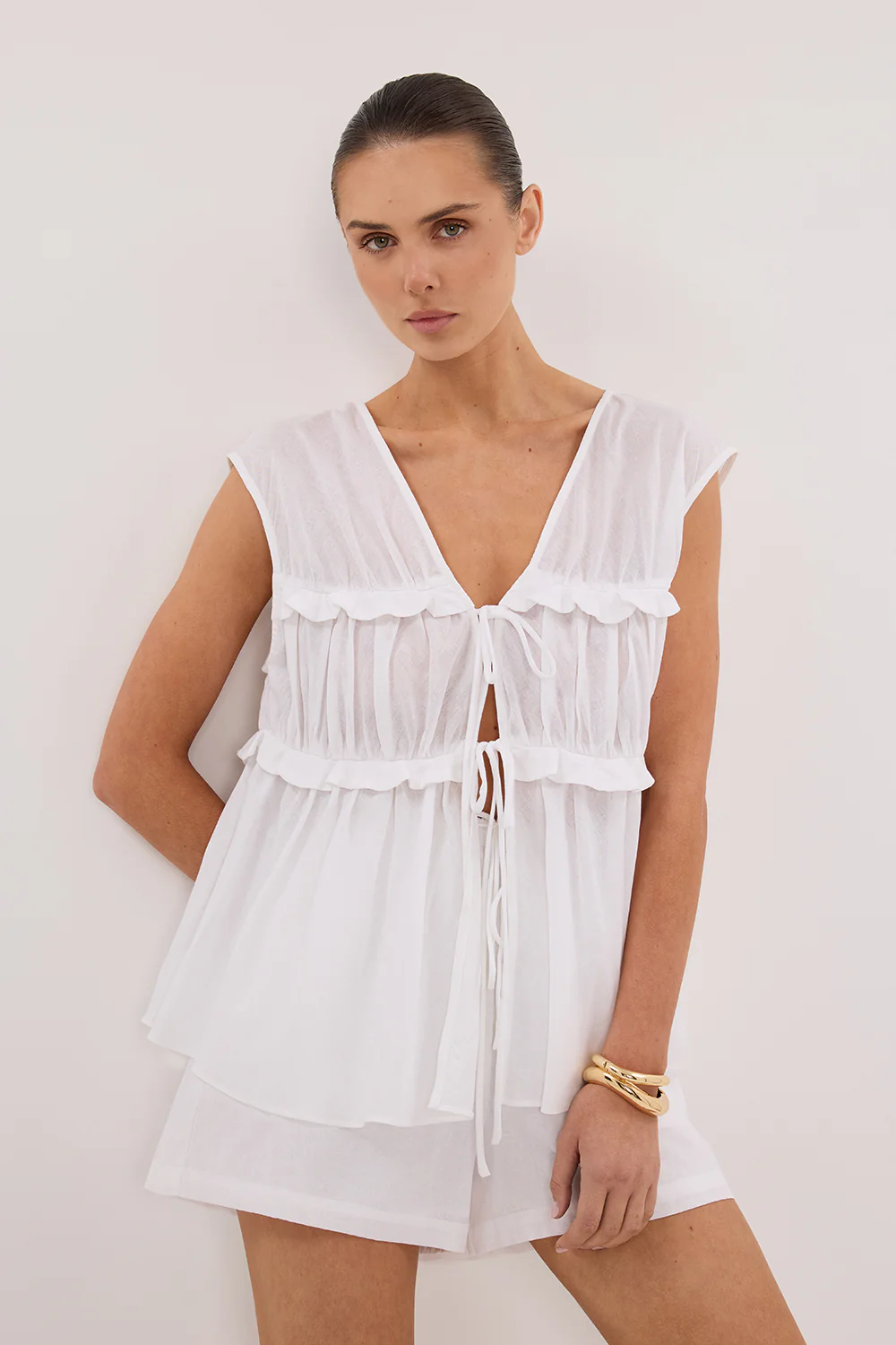 QUINN WHITE LINEN RUFFLE TOP - Image 2