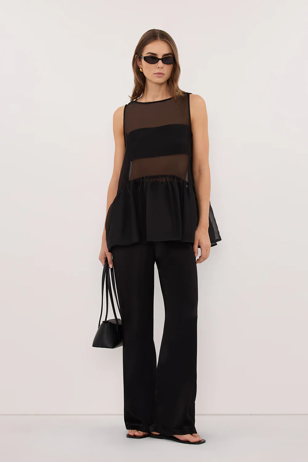 SIAN BLACK SILK ORGANZA DROP WAIST TOP