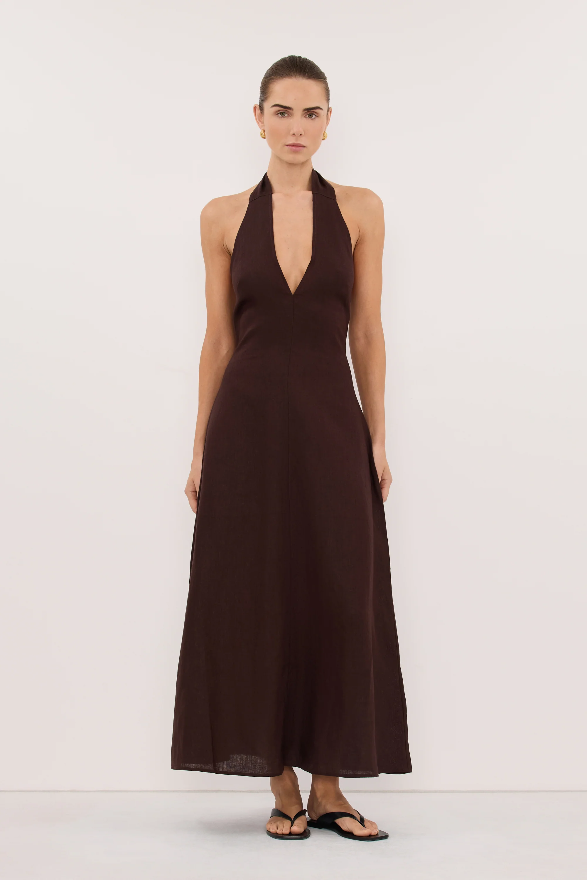 SKY BURNT CHOC LINEN MIDI DRESS - Image 3